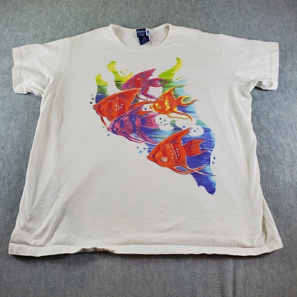 Vtg Venezia Jeans Shirt Womens 22/24 White Colorful Fish Tee